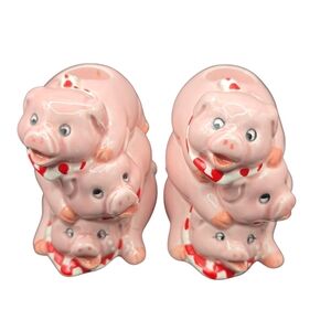 Vintage Set Of 2 Papel Stack of 3 Pink Stacking Pigs Taper Candlesticks Adorable